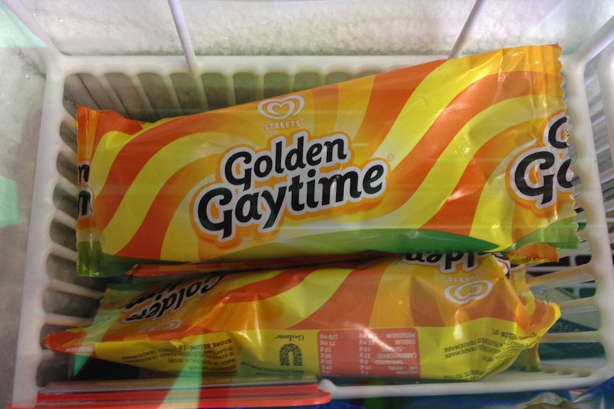 A delicious Golden Gaytime ice cream sits in a freezer.