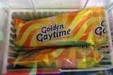 A delicious Golden Gaytime ice cream sits in a freezer.