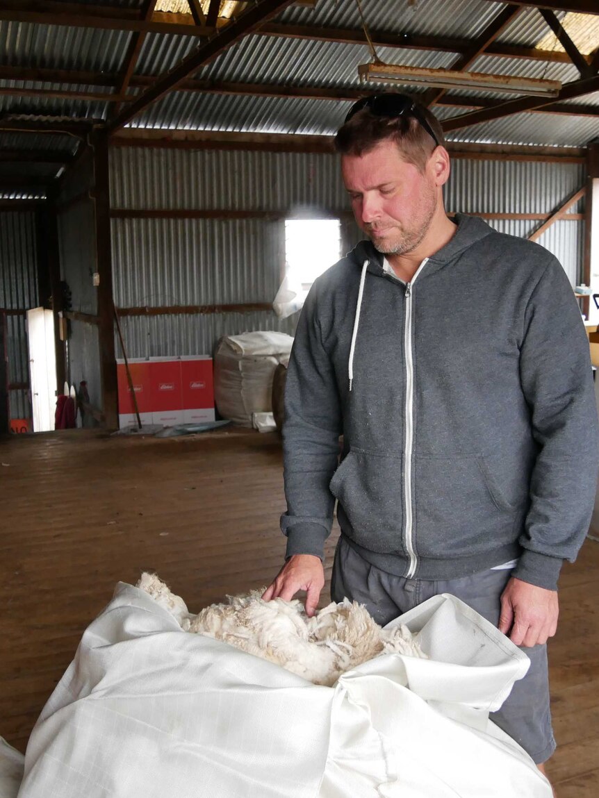 James Skeer looks down at a bag of wool.