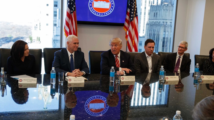 Facebook COO Sheryl Sandberg, Vice President-elect Mike Pence, Donald Trump, PayPal founder Peter Thiel, and Apple CEO Tim Cook.