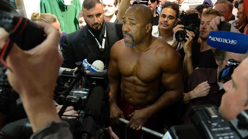 Holding court ... Shannon Briggs speaks to the media during the Wladimir Klitschko vs Alex Leapai weigh-in