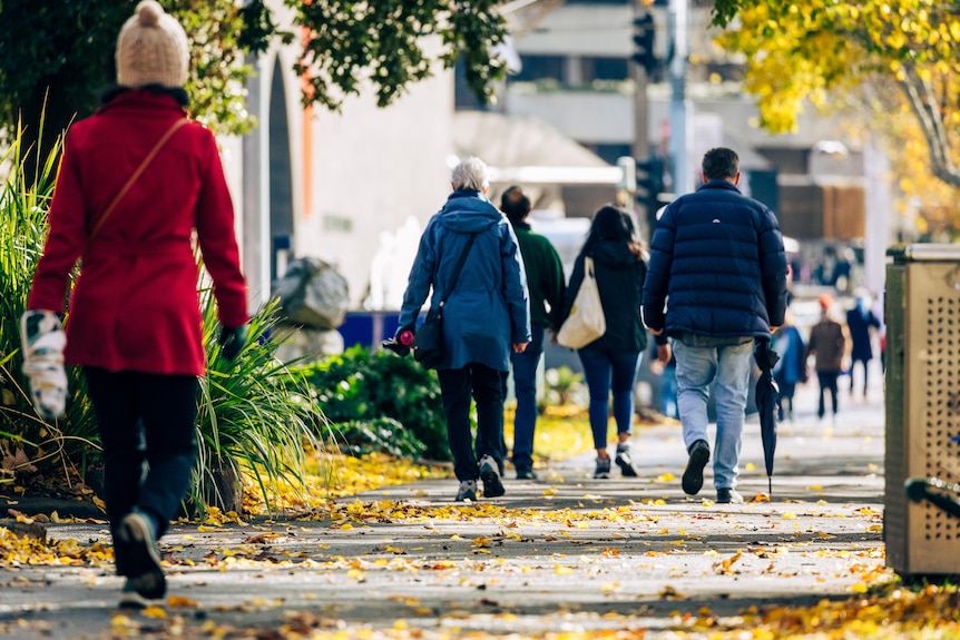 The backs of Melburnians walking in winter.