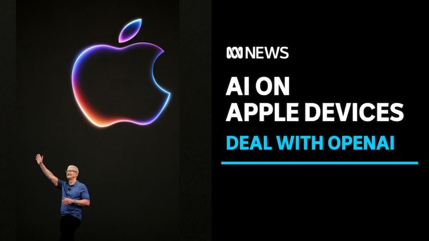AI On Apple Devices, Deal with OpenAI: Apple CEO Tim Cook at a major event with a multicoloured Apple logo above him.