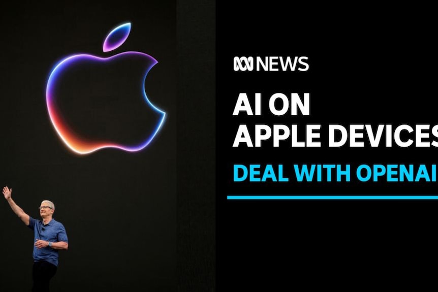 AI On Apple Devices, Deal with OpenAI: Apple CEO Tim Cook at a major event with a multicoloured Apple logo above him.
