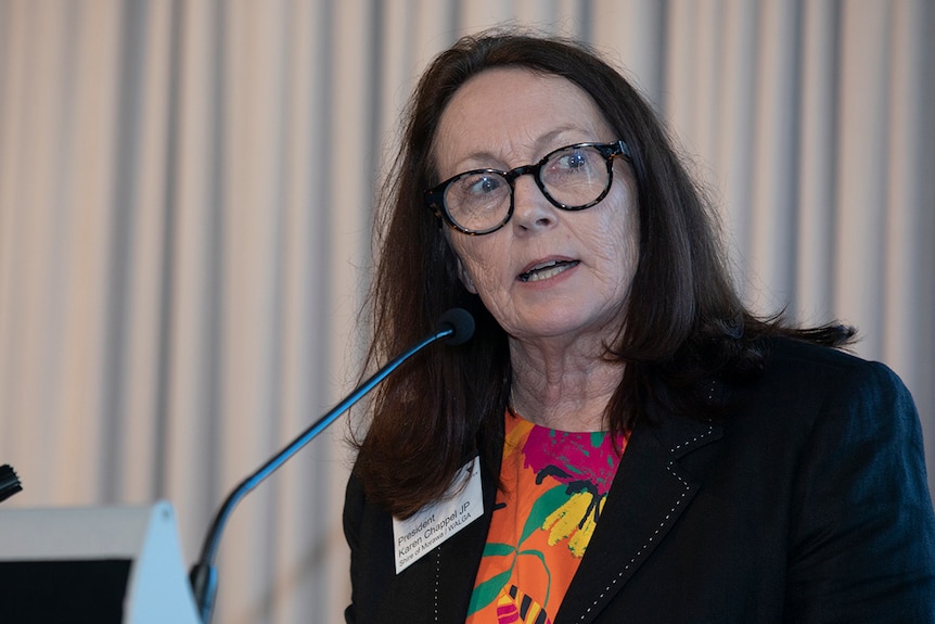 An older woman with dark hair, fair skin and glasses speaks into a microphone at a lectern. 