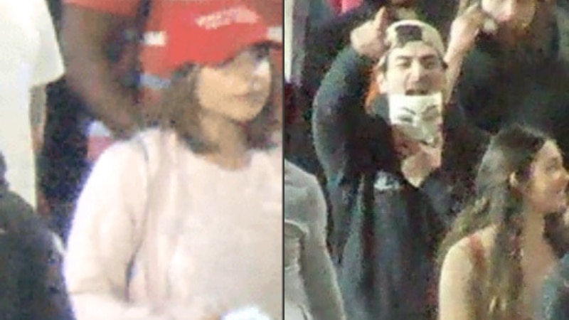 A blurred composite image of a young woman in a red cap and pink tee and a man in black holding Guy Fawkner mask.