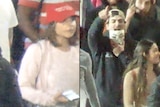 A blurred composite image of a young woman in a red cap and pink tee and a man in black holding Guy Fawkner mask.