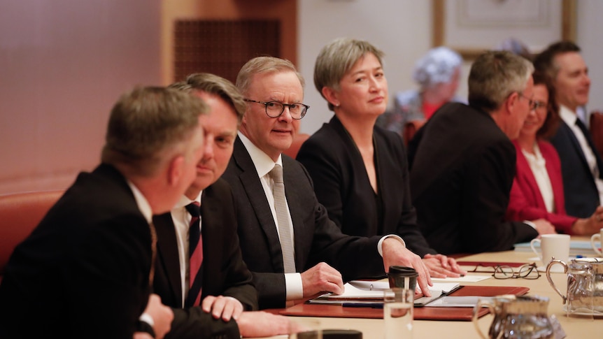 Albanese looks at the camera as people around him talk at a cabinet table. 