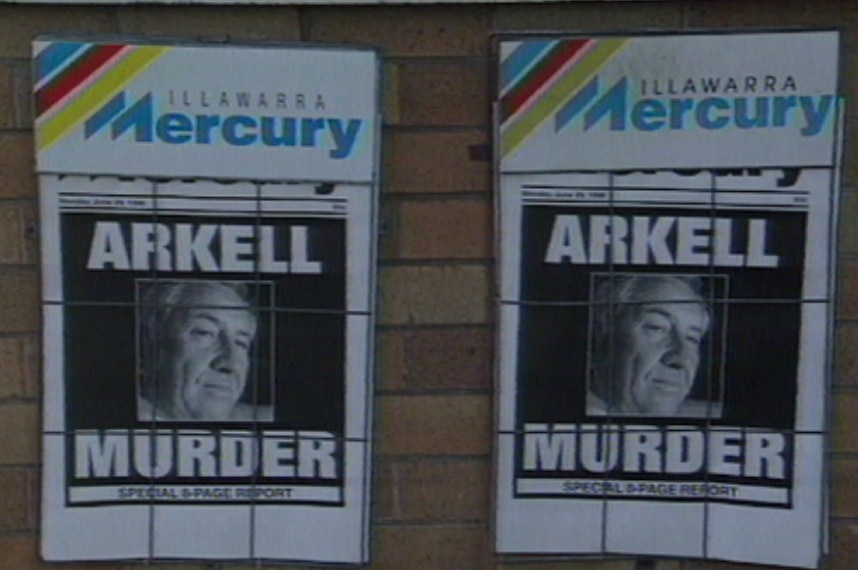 The front page of a newspaper, Illawarra Mercury, with Arkell Murder written on a black and white photo of Frank Arknell.