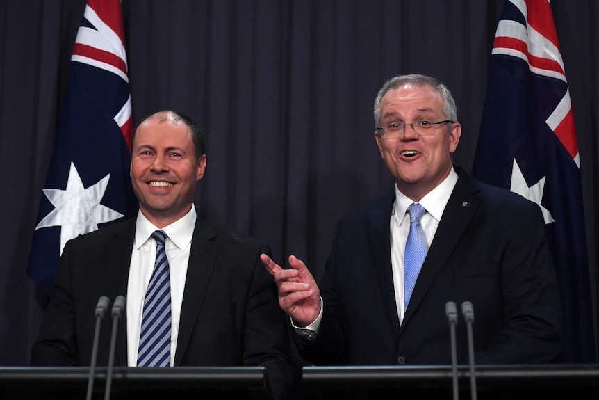 Josh Frydenberg and Scott Morrison share a joke