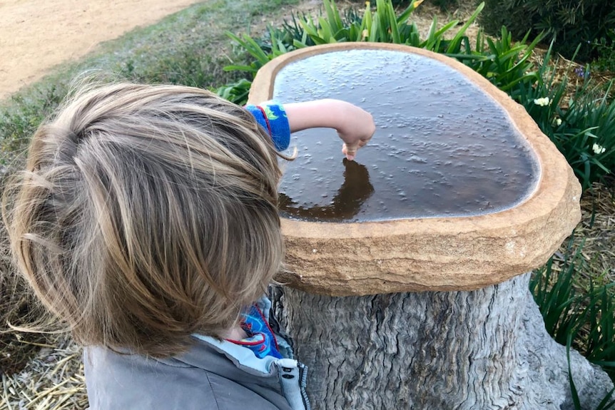 A child touches a frozen bird bath at Westbrook near Toowoomba.