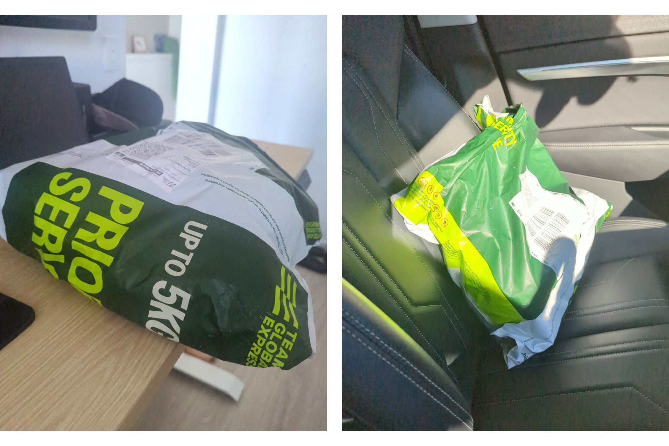 A composite image with two pictures of a plastic parcel bag with 'up to 5kg' on it.