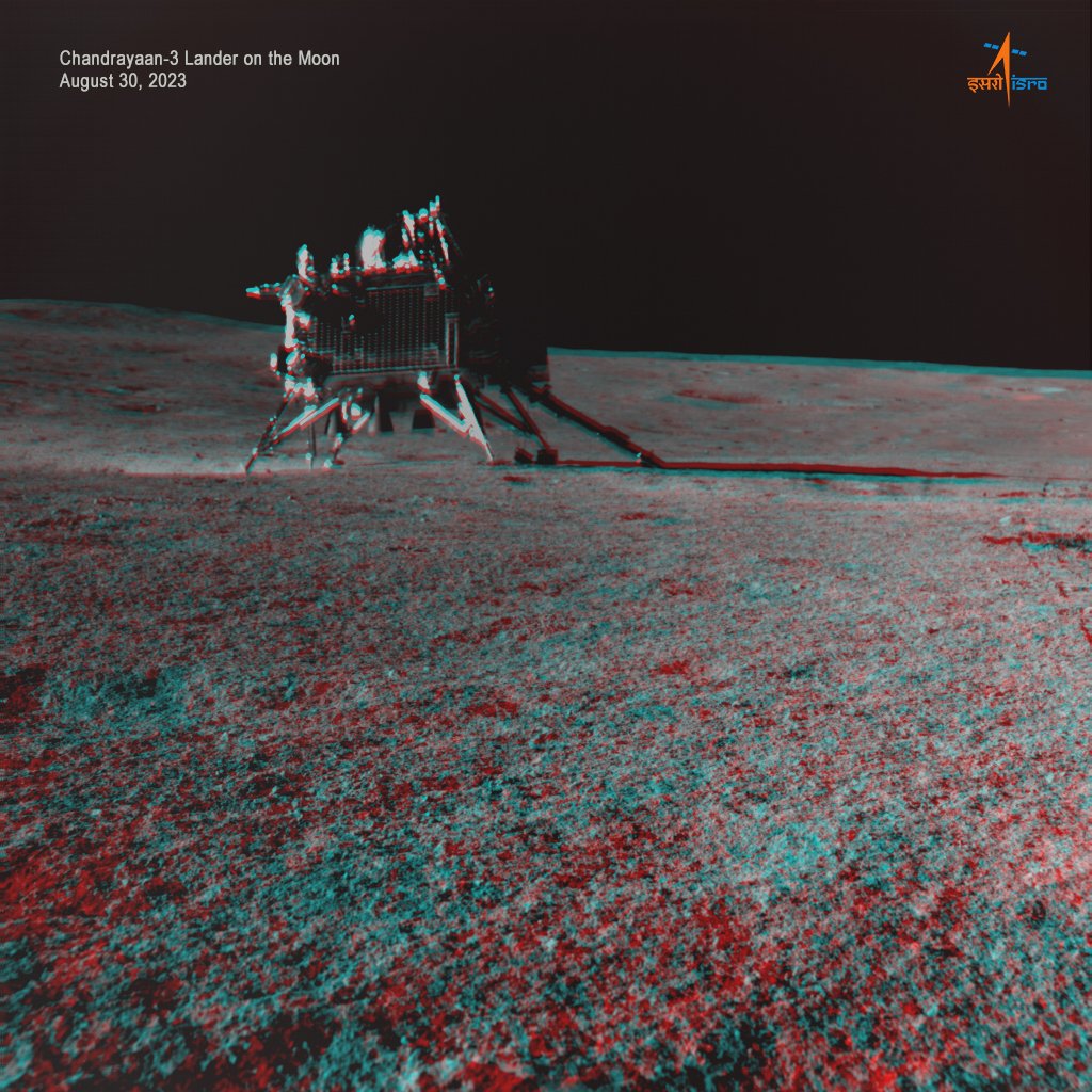 Red and blue tinted image of a rover on the moon 