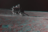 Red and blue tinted image of a rover on the moon 