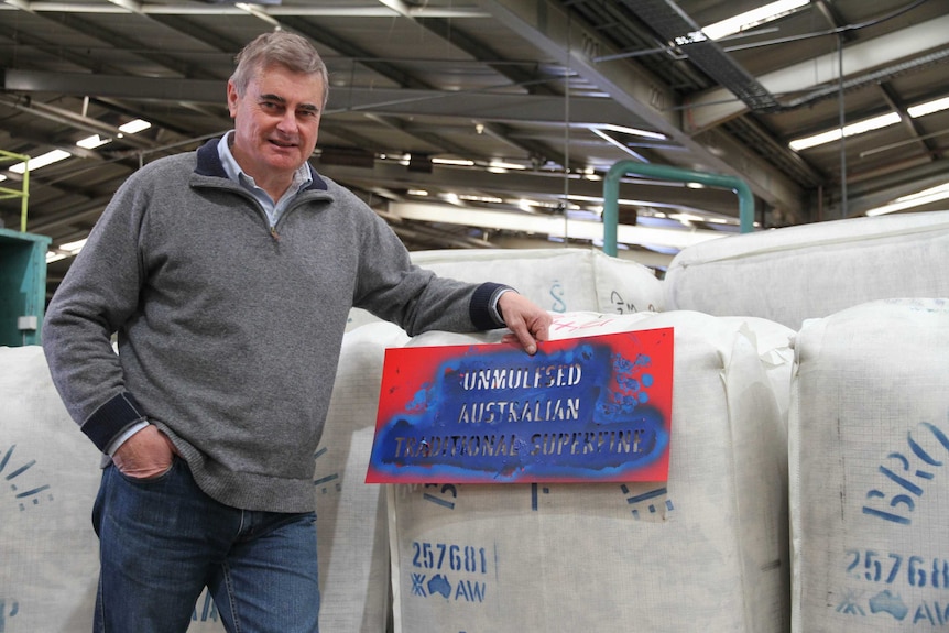 Man stands with stencil that reads unmulesed Australian superfine wool in a warehouse of wool at Yennora, Sydney NSW