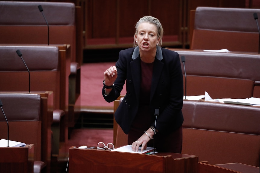 Bridget McKenzie, wearing a black blazer suit, standing in the Senate pointing her finger angrily mid-speech