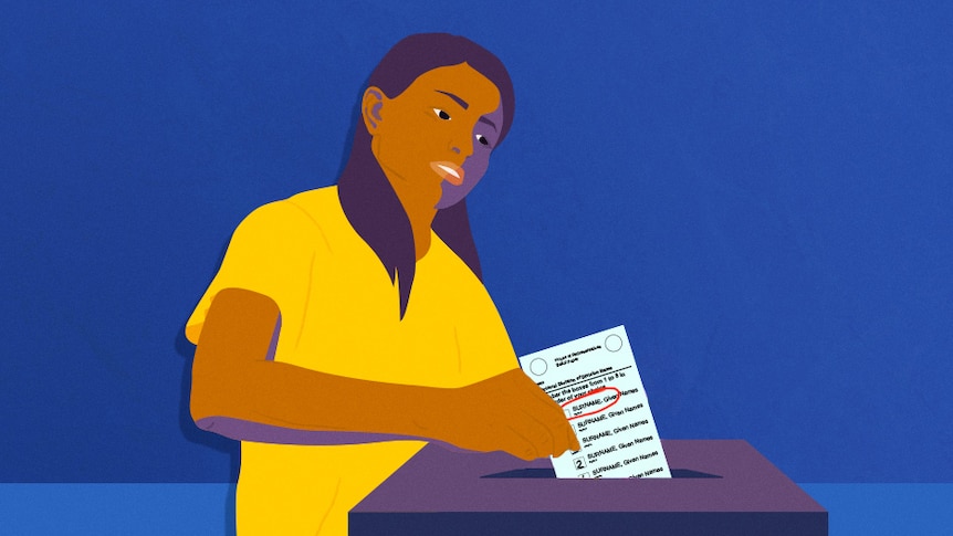 An illustration of a woman putting a voting slip into a box.