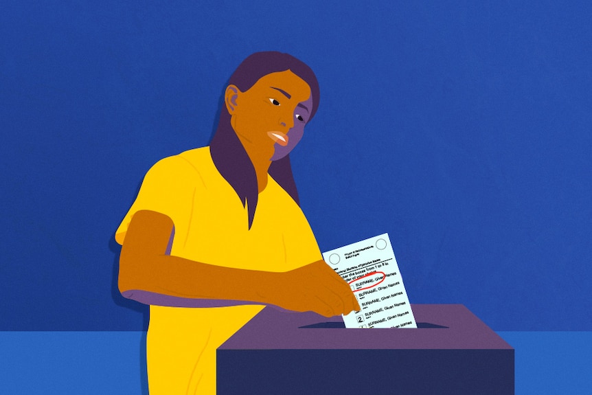 An illustration of a woman putting a voting slip into a box.