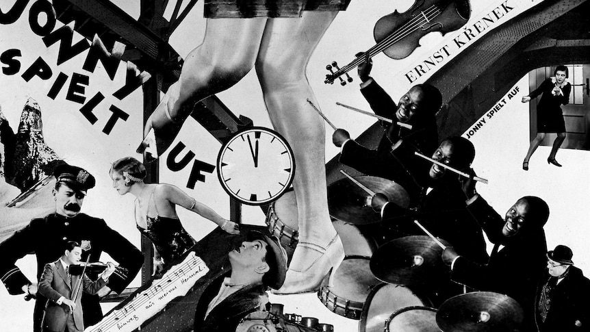 A collage of black and white images including a jazz drummer, a clock, a train, a violin and the words 'Jonny spielt auf'.