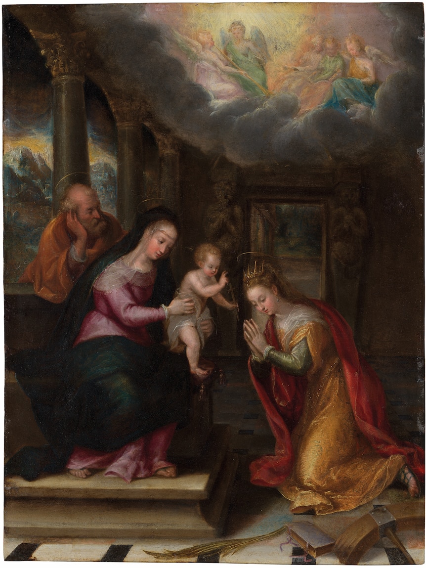 A religious painting with two women passing a child