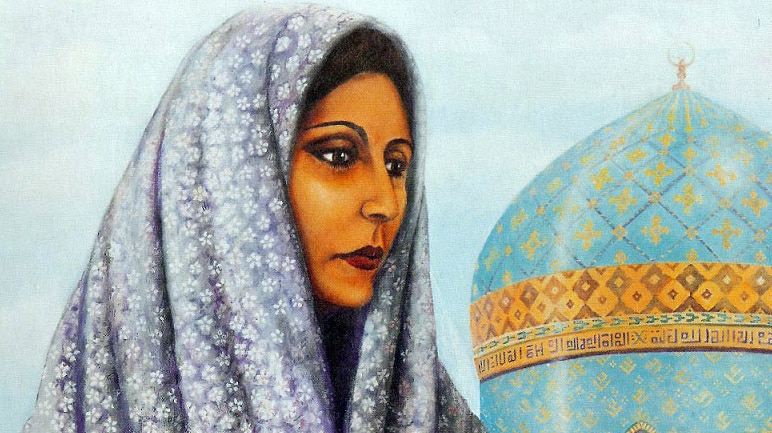 In a painting, a woman in a headscarf stands in front of a house of worship.