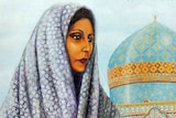 In a painting, a woman in a headscarf stands in front of a house of worship.