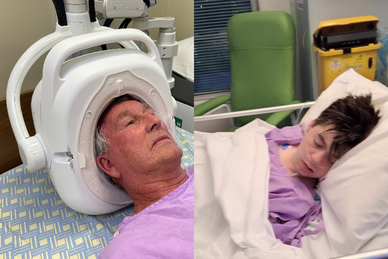 a composite of an older man getting a brain scan and a teen boy in a hospital bed