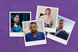 Four polaroid pictures of people with different disabilities in front of a purple background