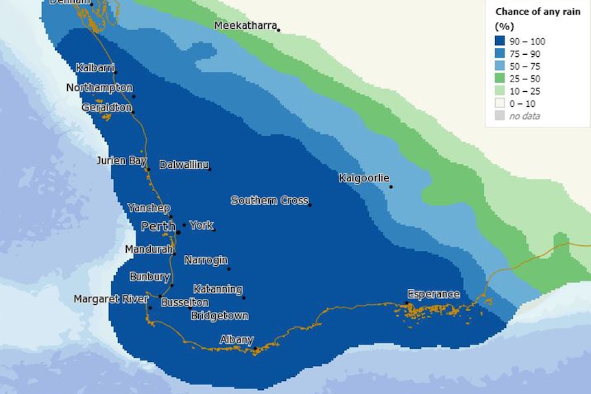 A map showing South West WA with bands of blue and green over the top indicating the chance of rain.