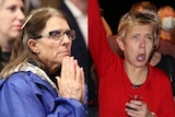 A composite image of a woman looking tense and another woman celebrating.