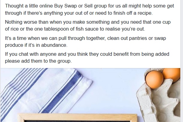 A Facebook post that says "thought a little online Buy Swap or Sell group for us might help some get through"