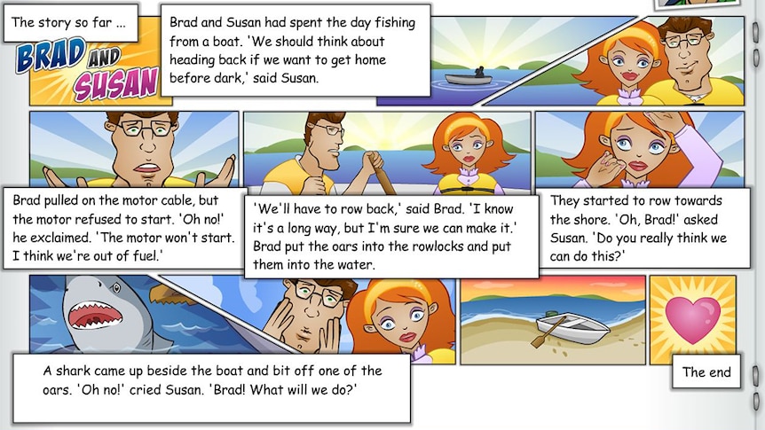 Game screenshot shows comic book strip, title reads "Brad and Susan"