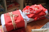 Presents wrapped in material