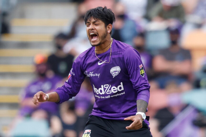 Cricketer Sandeep Lamichhane, wearing purple, appeals to an umpire after bowling a ball