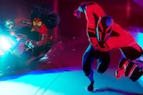 An animation of a black pregnant woman on a motorbike and a man dressed in a spider-man outfit running alongside