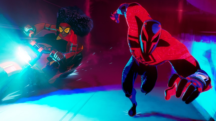 An animation of a black pregnant woman on a motorbike and a man dressed in a spider-man outfit running alongside