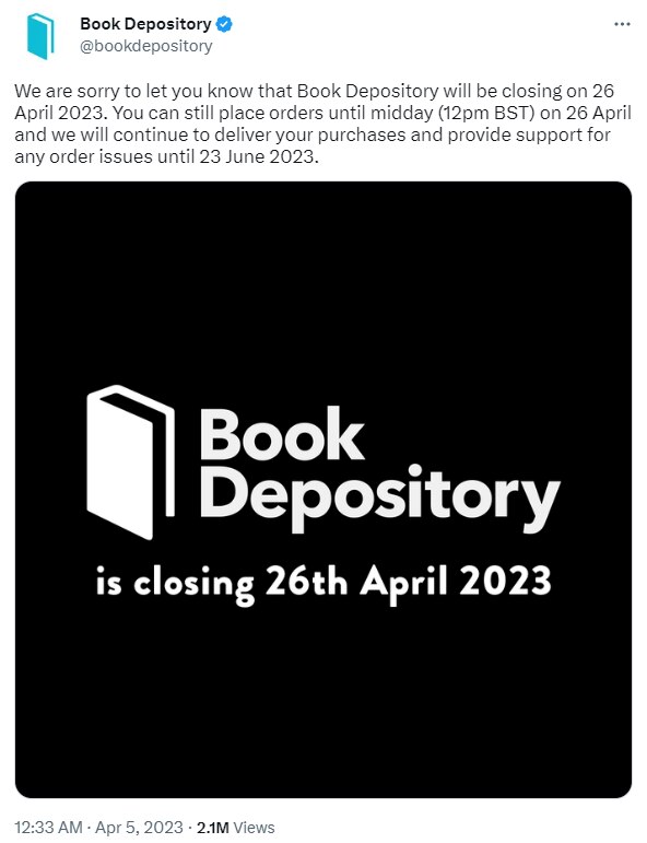 A screenshot of The Book Depository's tweet announcing its closure with more than 2.1 million views