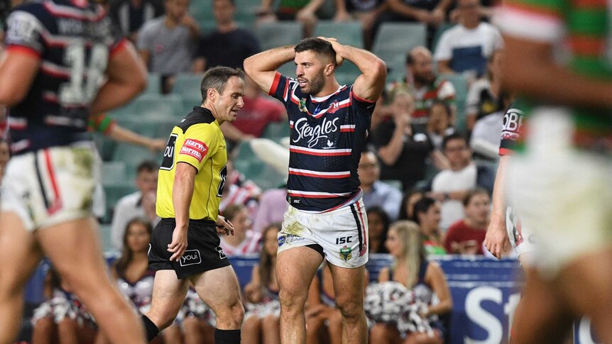 Sydney Roosters fullback James Tedesco holds his hands to his head