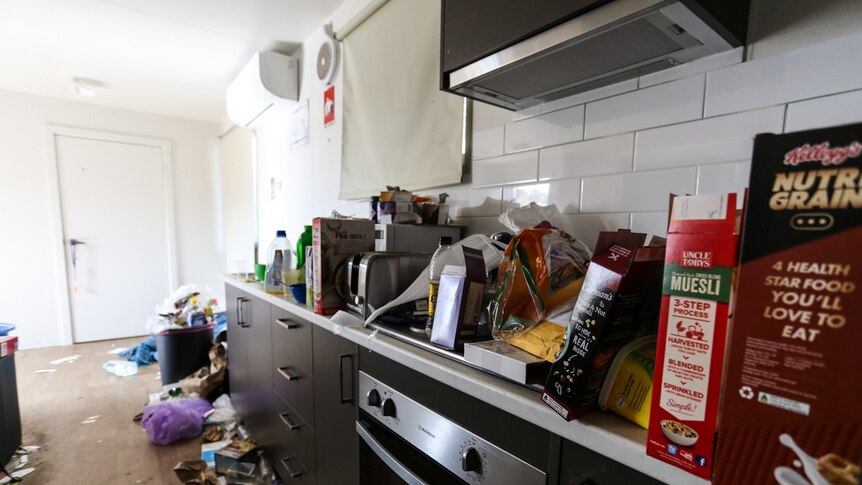 Warwick Allen's filthy kitchen bench top filled with discarded food packets and cereal boxes.