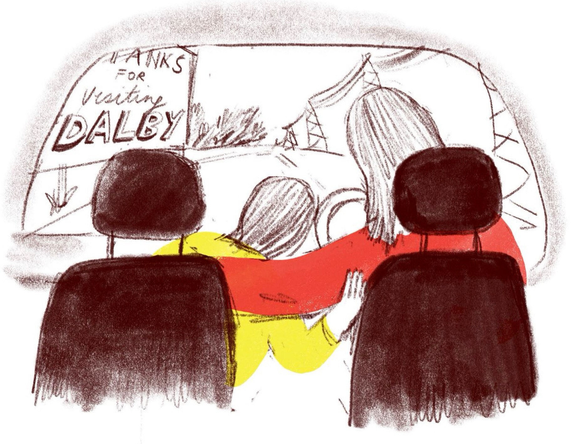 The mother and daughter hug in the car. A sign outside reads: "Thanks for visiting Dalby."