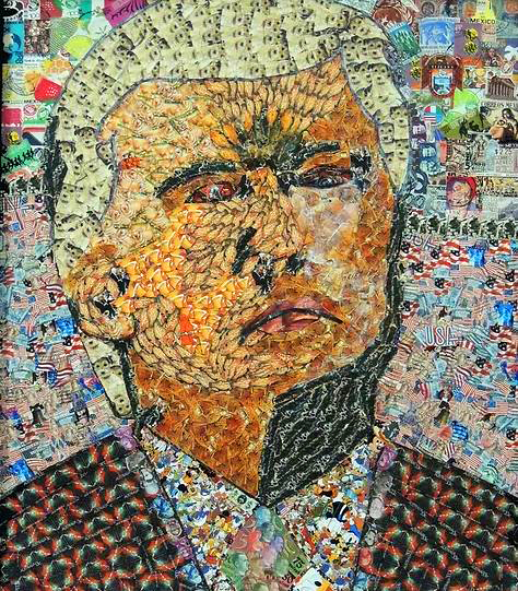 A portrait of Donald Trump created from postage stamps.