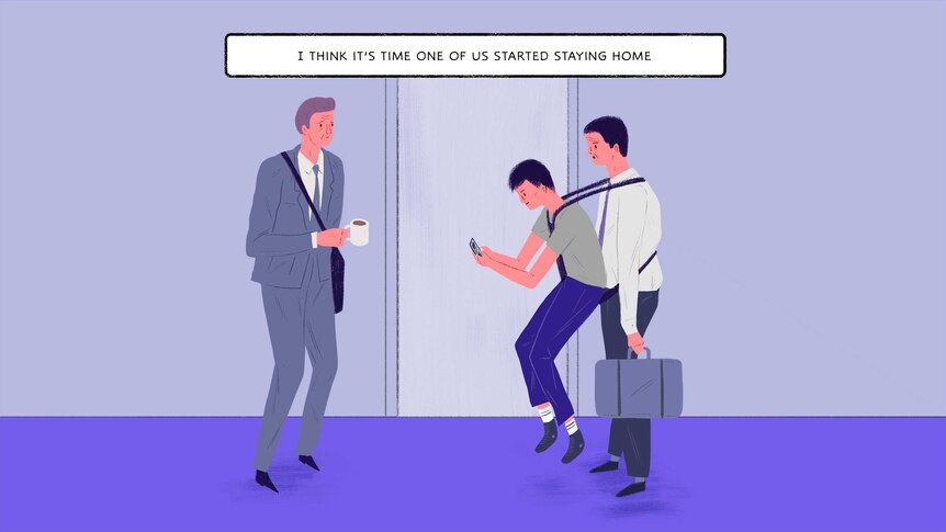 Illustration of a teenager in father's carrier in workplace with caption: 'I think it's time one of us started staying at home'