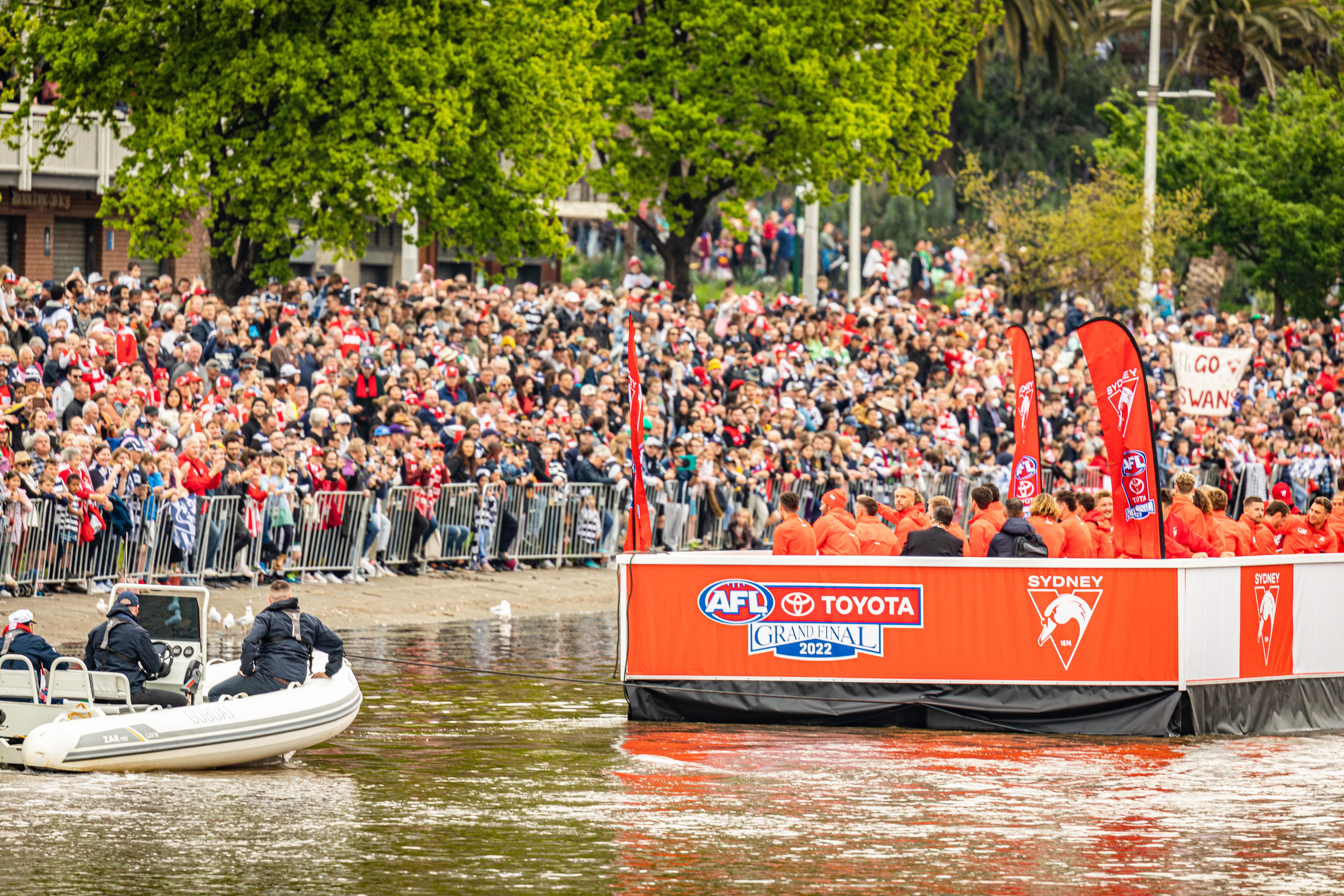 Sydney Swans players on a barge on the Yarra River 