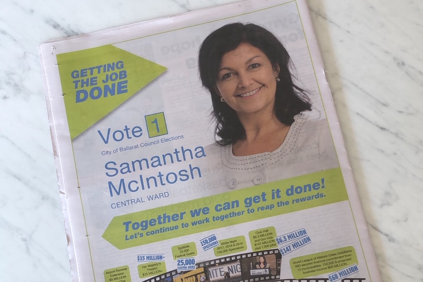 A full-page advertisement in a newspaper that says 'Vote 1 Samantha McIntosh'.