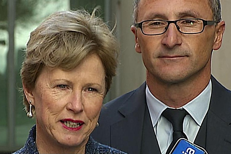 Christine Milne speaks as new Greens leader Richard Di Natale looks on.