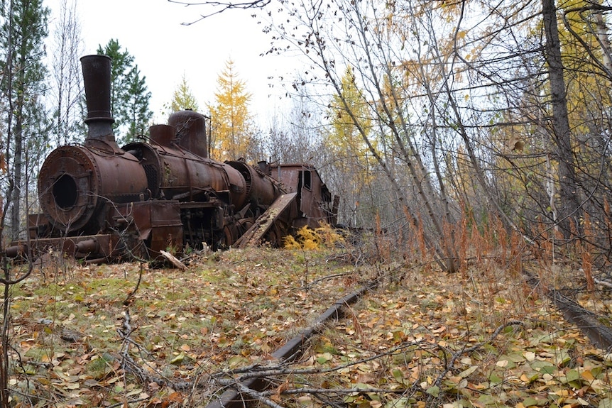 A rusted and ruined train on Stalin's 'dead Road' rail project in Siberia.