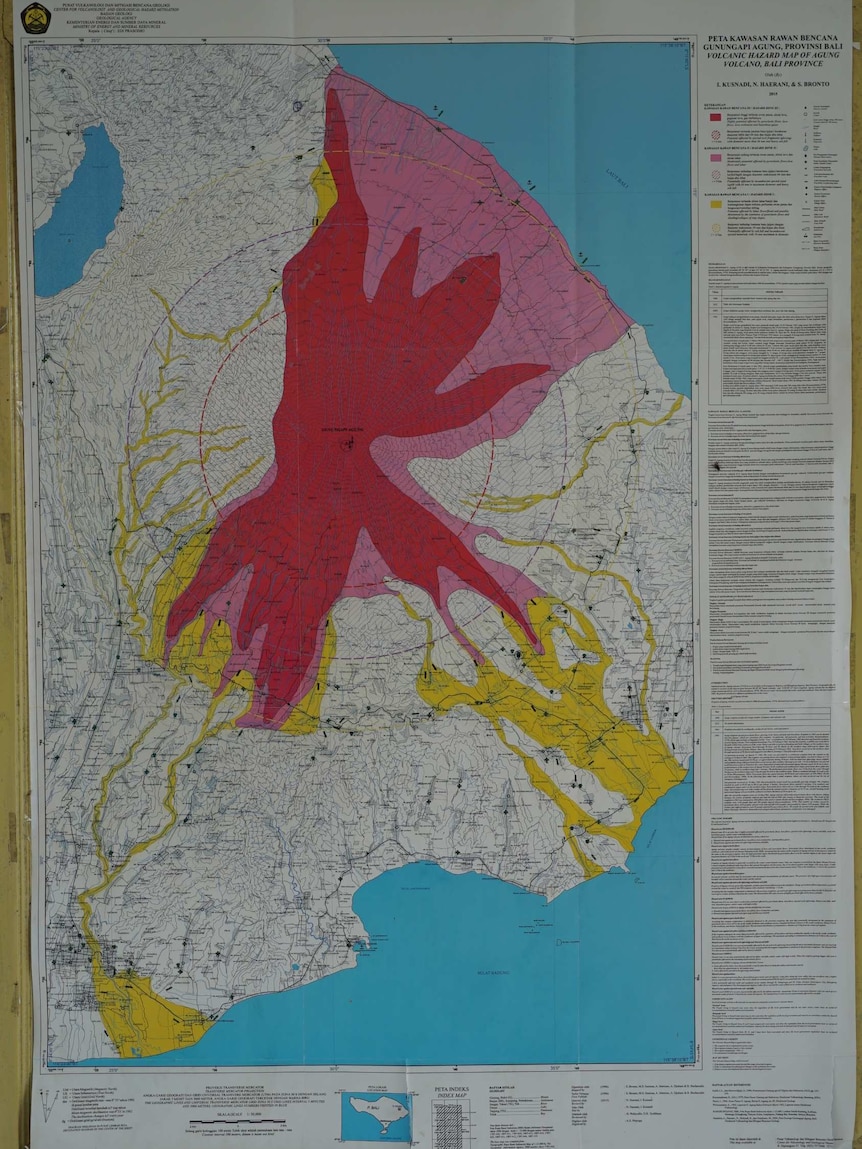 A colour-coded map showing the likely impact of major eruption from Mt Agung