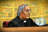 An illustration of George Pell sitting in court.