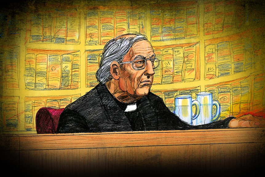 An illustration of George Pell sitting in court.