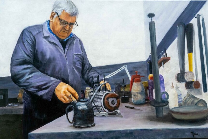 A painting of an older gent who tinkers with parts of machines in his shed